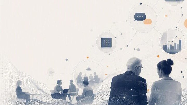 Advisors meeting with families, connected by a network of ideas